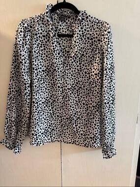 SHEIN Black & White Dalmatian Print Ruffle Neck Blouse